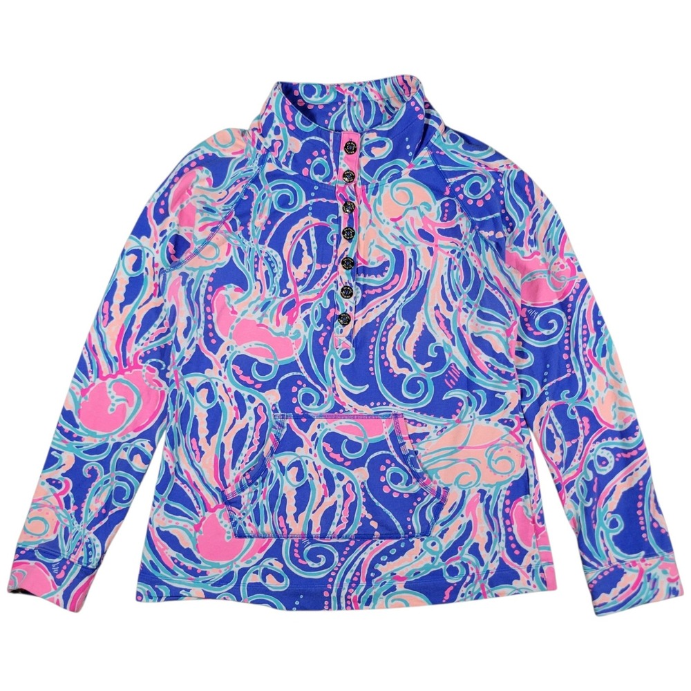 Lilly Pulitzer Captain Popover Pullover Top Womens L Blue Jellyfish Print Button